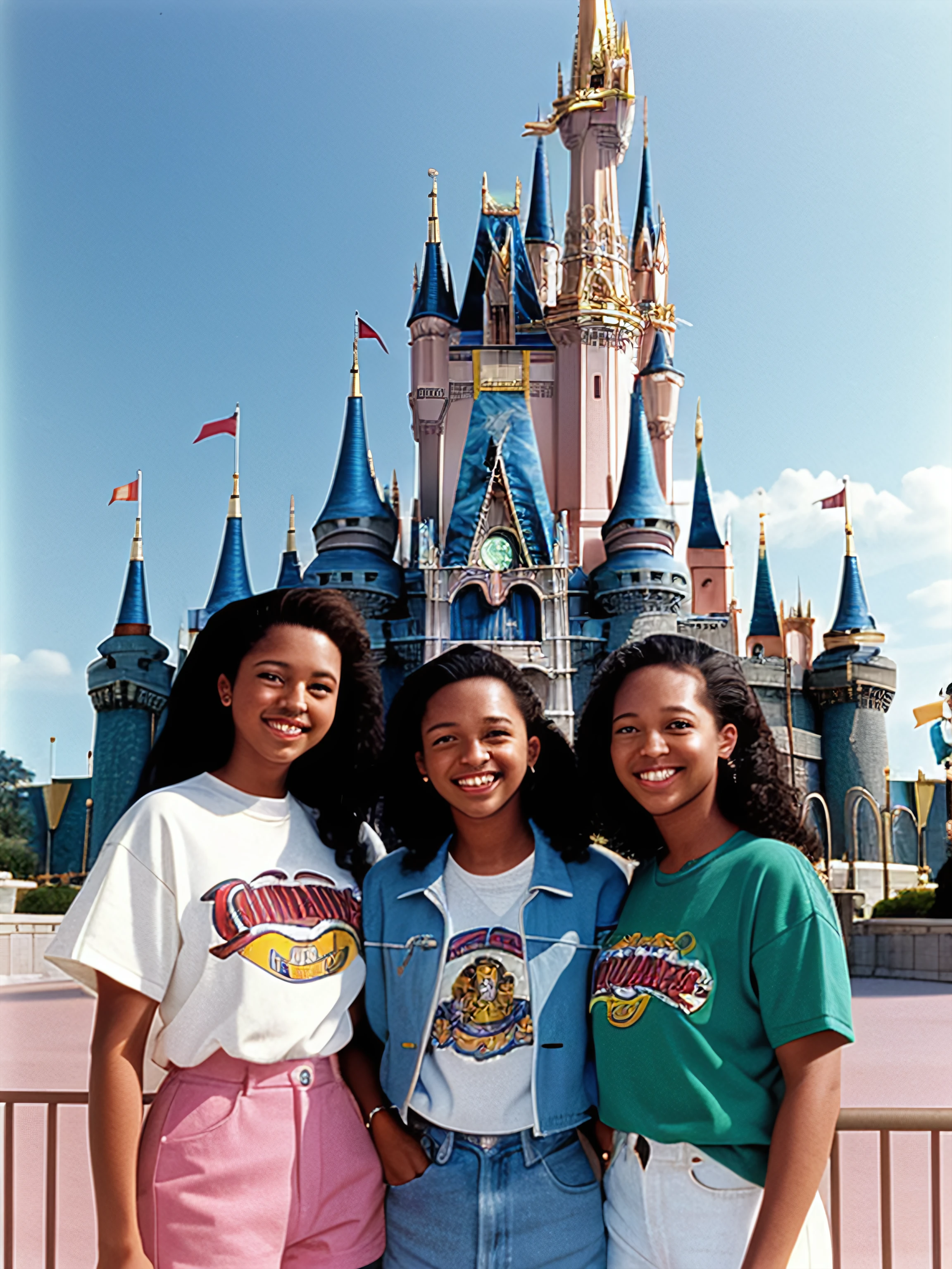 intricatedetails, masterpiece, three friends posing in front of the castle at Disneyworld, 1993, big hair, 90's clothes, film grain, 8k,