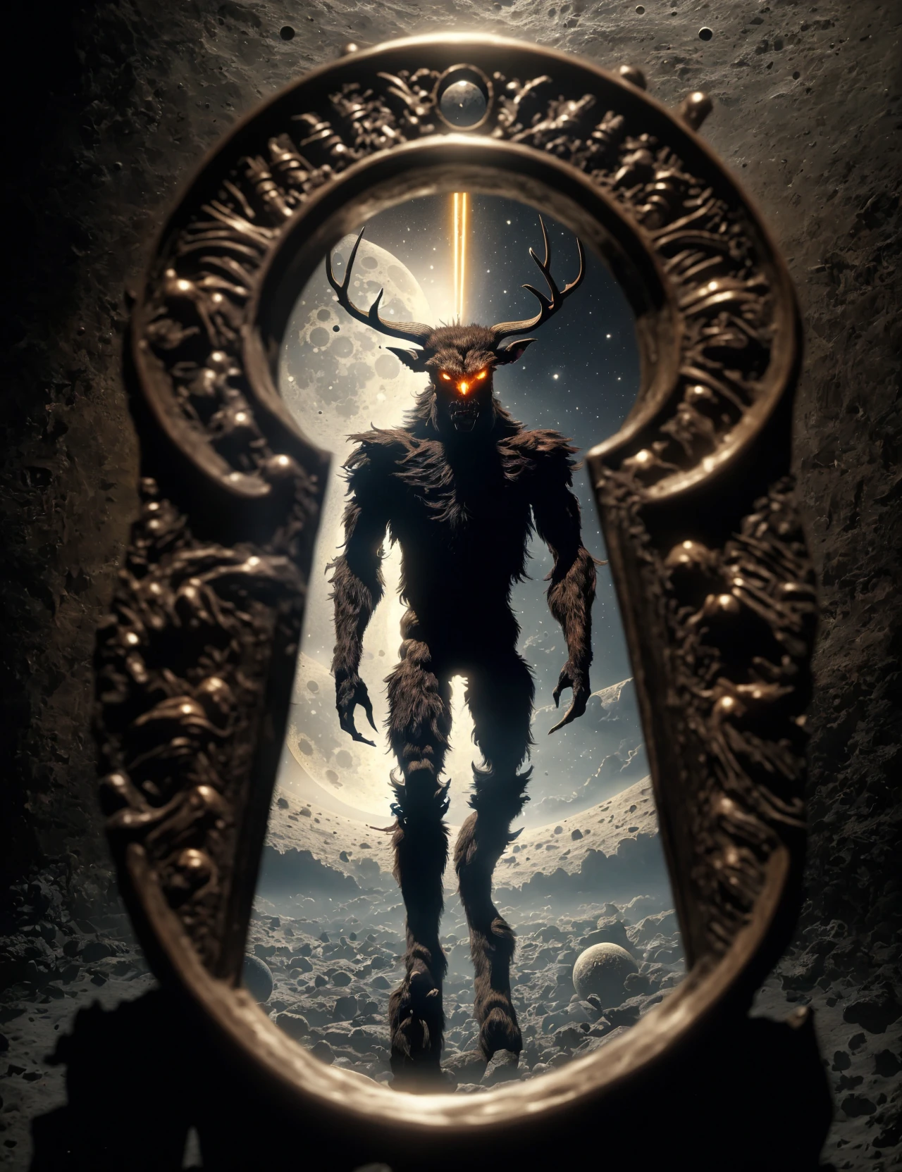 masterpiece, awesome quality, hyper detailed, DonMDonMK3yh0l3 keyhole wendigo, wolfish humanoid, human, bipedal, glowing eyes, enlarged fangs, powerful, lunar influences, scifi, tech, ageless,zestful , <lora:DonMDonMK3yh0l3-000006:0.8>