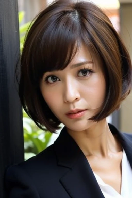 Best quality,masterpiece,ultra high res,(photorealistic:1.2),1girl,in the dark,deep shadow,low key,slim body,taipei street alley,dynamic pose,face closeup,brown hair,<lora:patty_wu:0.9>,small breasts,(cleavage:0.3),White collared short-sleeved shirt,office suit,bob cut,