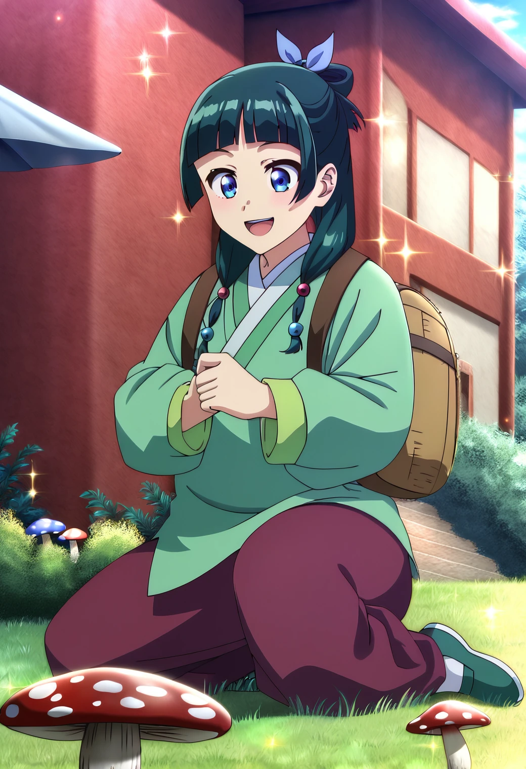 1girl, maomao, <lora:maomao_ponyxl_v1:1>, solo, green hair, long hair, blue eyes, BREAK
maomao, backpack, bag, bush, grass, open mouth, outdoors, plant, smile, solo, sparkle, sitting, picking flowers, picking up, kneeling, default clothes, green hanfu, chinese clothes, long sleeves, wide sleeves, red hakama, light green hanfu, default hairstyle, hair bun, hair ribbon, blue ribbon, sidelocks, blunt bangs, hair beads, half updo, hair over shoulder, looking down, excited, low twintails, on grass, mushroom, holding, holding mushroom, green footwear, BREAK
score_9, score_8_up, score_7_up, score_6_up, anime, BREAK
(high quality, detailed, beautiful), shiny, detailed beautiful eyes, outstanding, countershading, detailed soft lighting