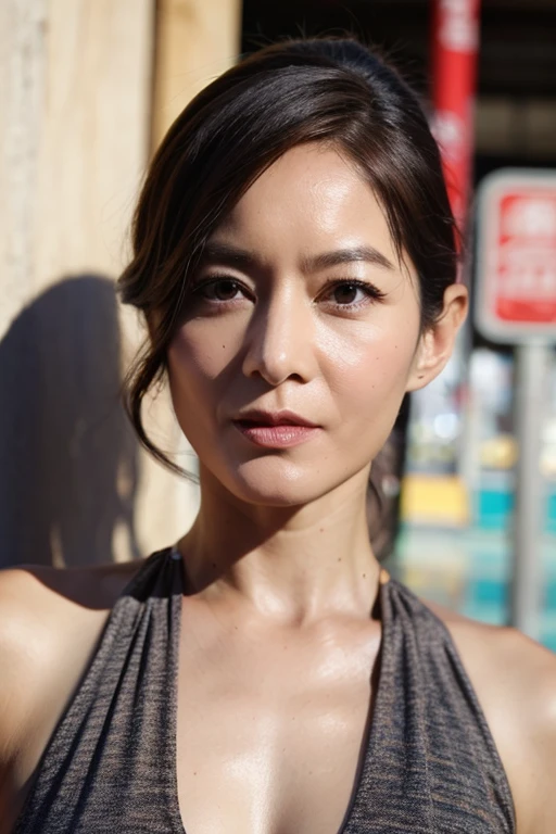 Best quality,masterpiece,ultra high res,(photorealistic:1.2),1girl,deep shadow,low key,slim body,undone hair,taipei street alley,dynamic pose,face closeup,medium breasts,(cleavage:0.3),<lora:janet_hsieh:0.9>,brown hair,