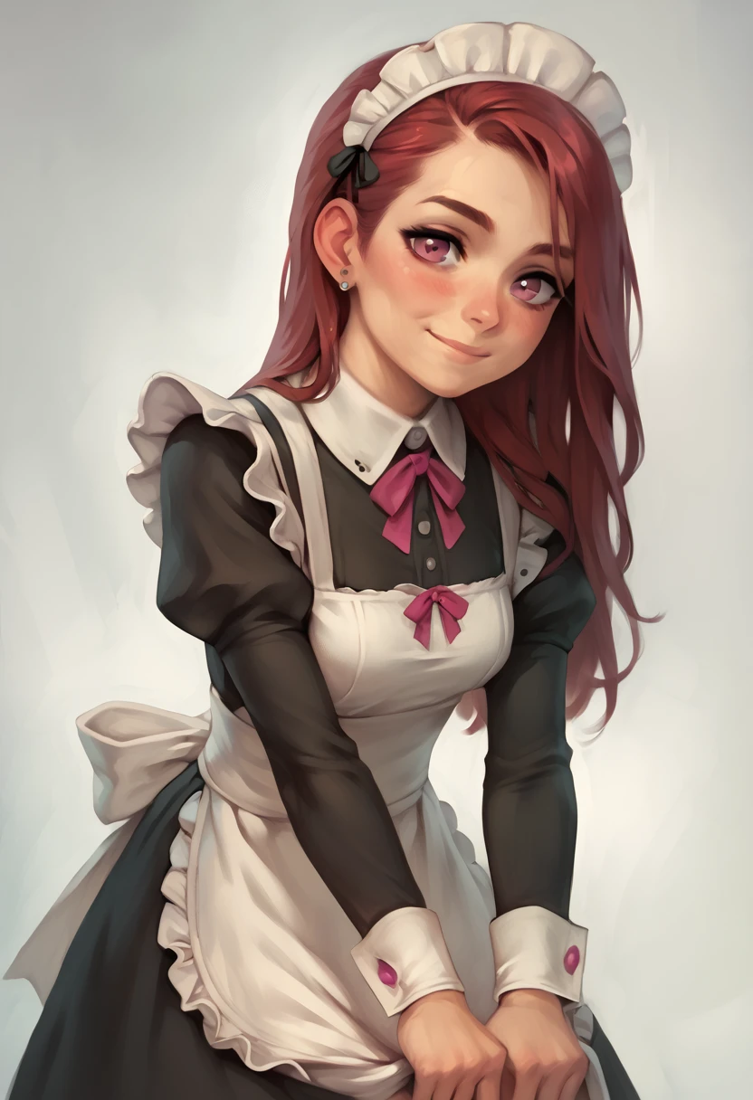 score_9, score_8_up, score_7_up, score_6_up, score_5_up, score_4_up, BREAK breasts, solo, blush, maid headdress, maid, looking at viewer, smile, grey background, simple background, apron, red hair, long hair, small breasts, closed mouth, pink eyes, long sleeves, earrings, jewelry, maid apron, spot color, dress<lora:CALM_testXL_4image_125steps:0.8>