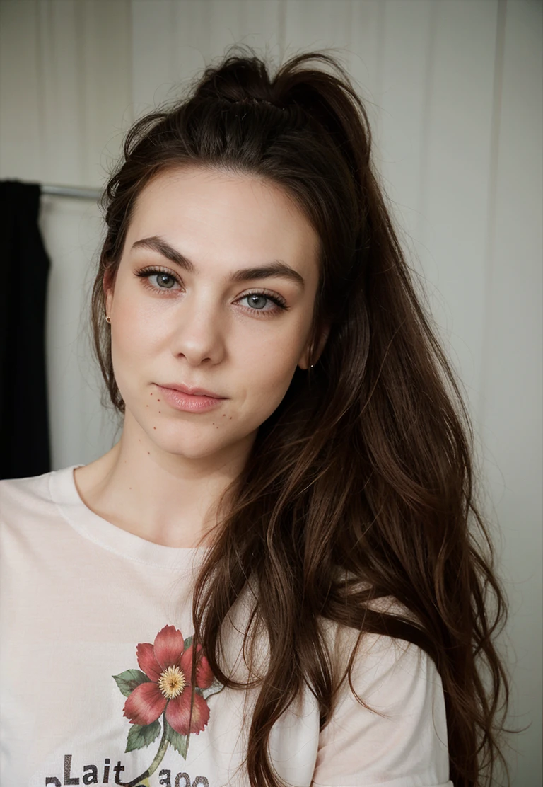 elizeryd, a woman, headshot, portrait, close up, simple tshirt, flower t-shirt, long sleeves,
