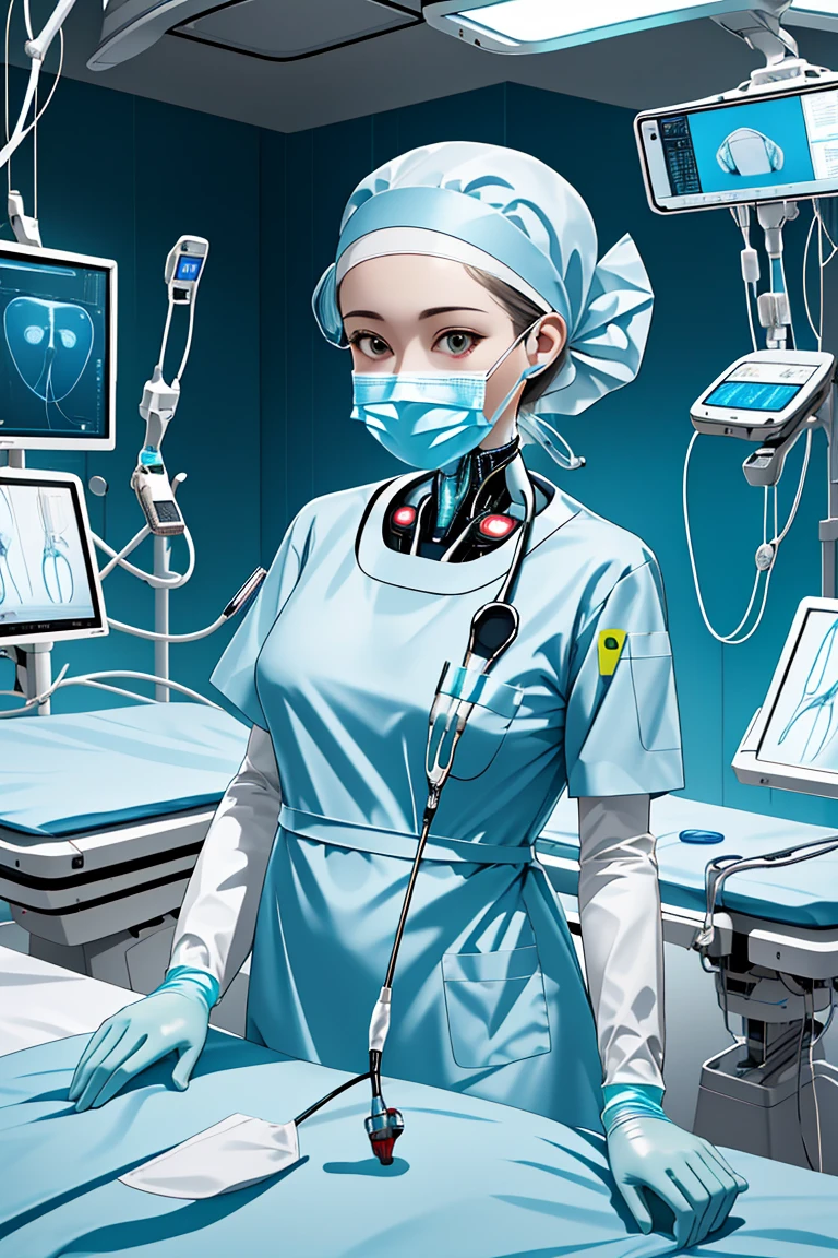 (RAW photo, best quality), 1girl, operating room, overhead surgical light, dslr, blurred background, focused,
 <lora:cyber_surg_v1.0-000006:0.8> cybr_surg, 1girl, solo, latex gloves, surgical mask,cybernetic outfit,