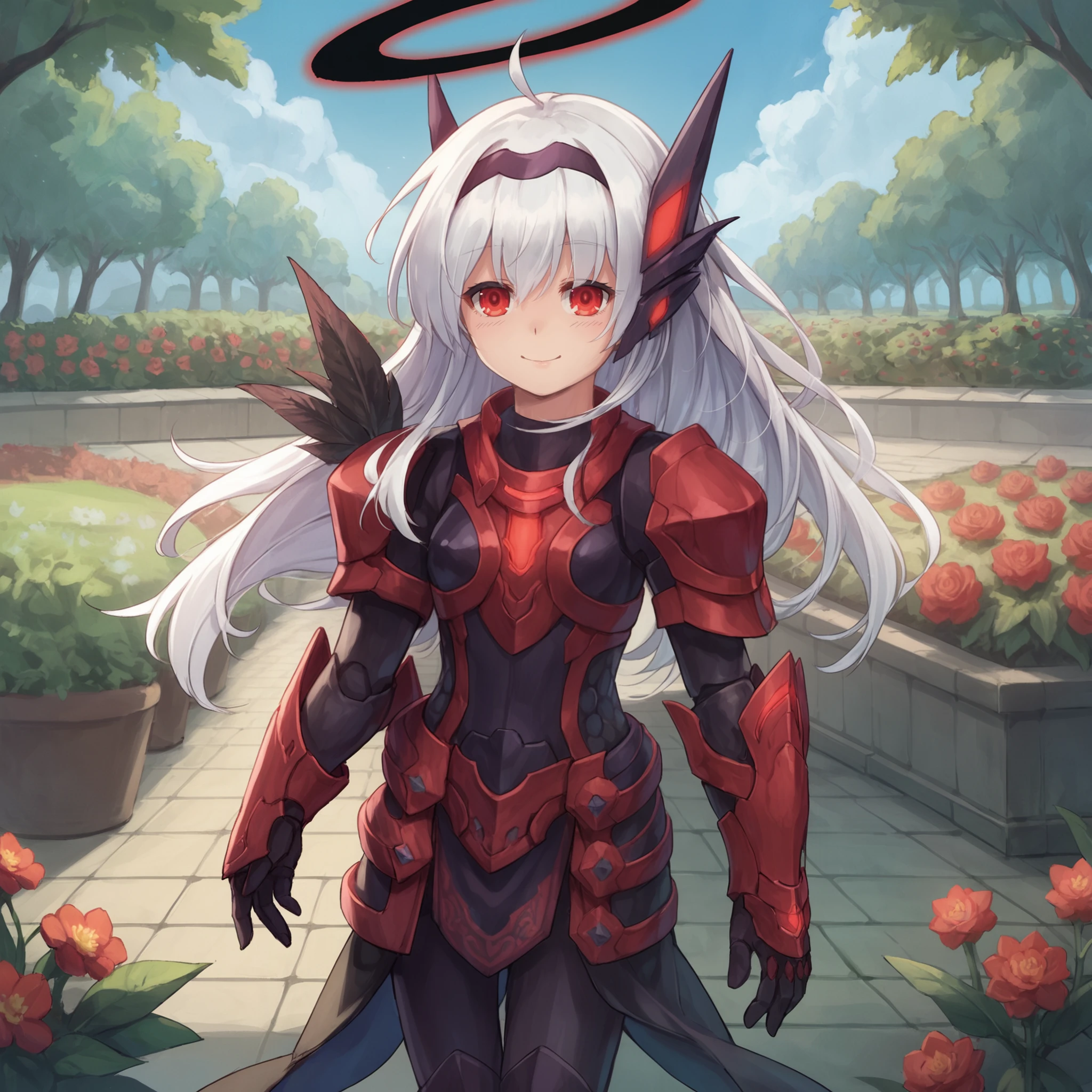 score_9, score_8_up, score_7_up, source_anime, cowboy shot, standing,
darkmel, white hair, red eyes, halo, armor, looking at viewer, evil smile, 
garden,  <lora:2024-02-25_02-12-57-save-960-4-0:0.8>