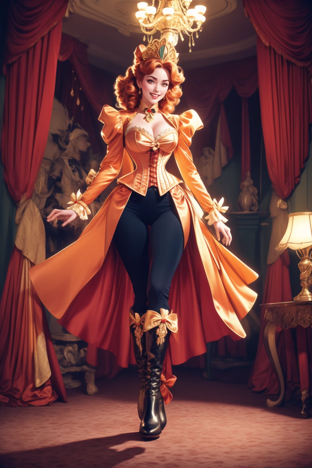 analog film photo anime artwork, adult beautiful woman, high quality, best quality, highres, high detail, moody composition,afterglow, <lora:Outfit_soph-VictorianRidingDressRoyal:0.75> r1d3r victorian fashion, (Incandescent Glowing Ember theme) jacket, pants,  trim, white cuffs, (ornate headpiece) frills, corset, stand up collar, sunset, bokeh, large breasts, cleavage, bowtie, Timeless Art Deco Master Bedroom, Geometric patterns, glossy surfaces, and a glamorous chandelier, epitomizing the opulence of the Art Deco era. (grand hall background) tapestries  high heel boots, walking, smiling . vibrant, studio anime, highly detailed,  ((art by Takahiro Kimura)) (cel shading), line art . faded film, desaturated, 35mm photo, grainy, vignette, vintage, Kodachrome, Lomography, stained, highly detailed, found footage