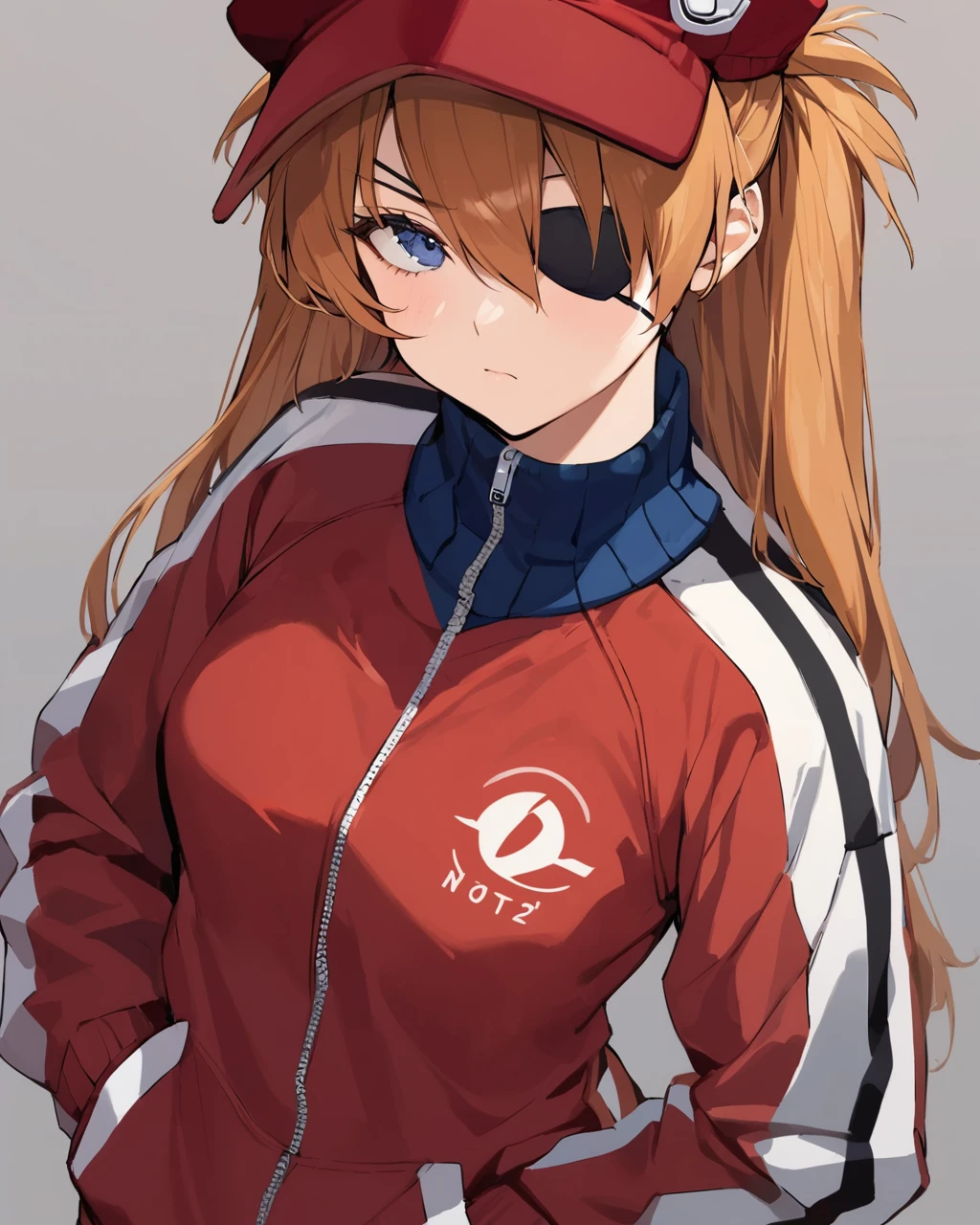 best quality, masterpiece,  <lora:souryuuv2:1>,bodysuit, evangelion:_3.0_you_can_(not)_redo, eyepatch, hands_in_pockets, 1girl, rebuild_of_evangelion, cropped_legs, grey_background, solo, red_bodysuit, closed_mouth, neon_genesis_evangelion, long_sleeves, hat, souryuu_asuka_langley, simple_background, track_jacket, looking_at_viewer, two_side_up, plugsuit, interface_headset, breasts, jacket, red_jacket