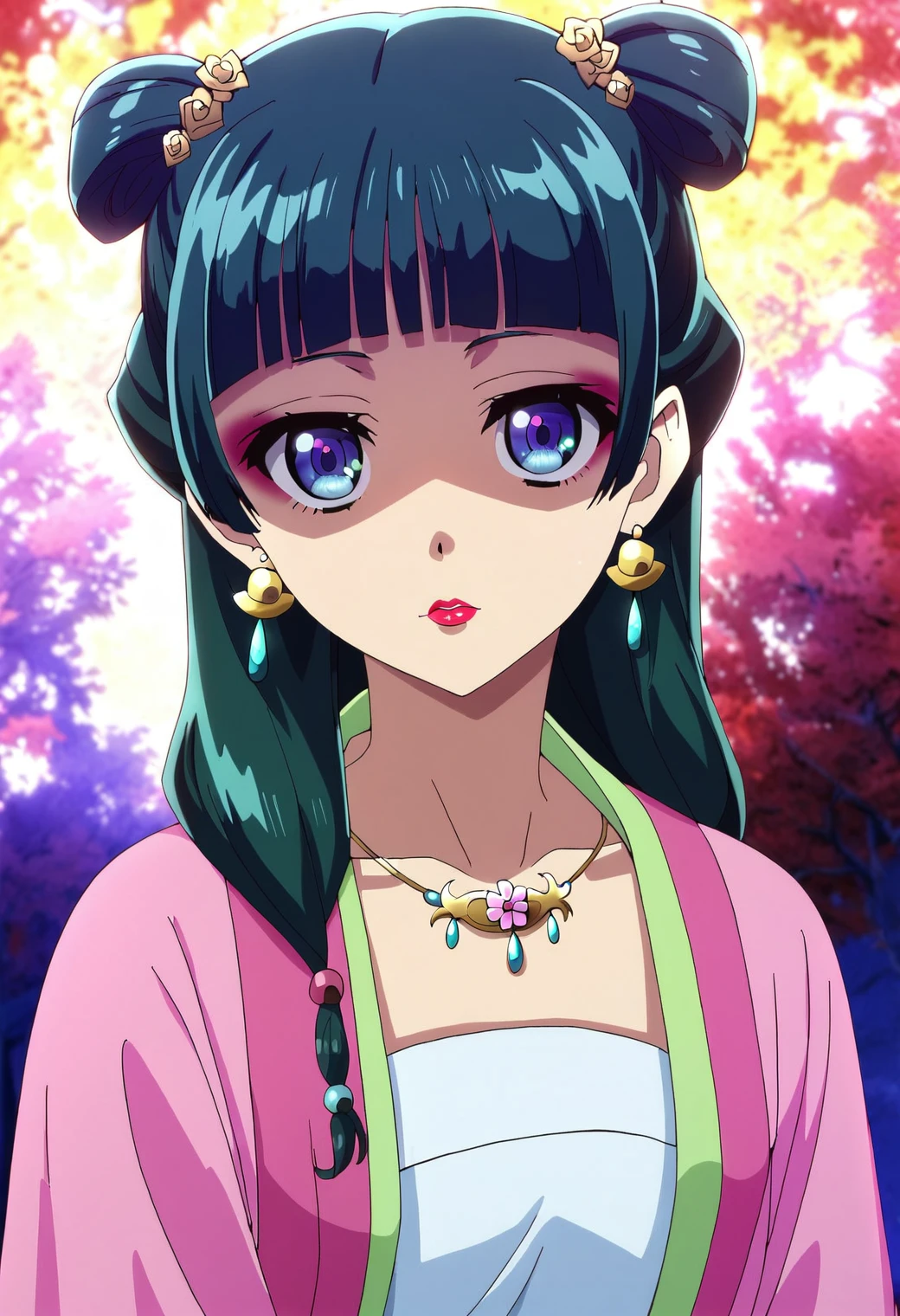 1girl, maomao, <lora:maomao_ponyxl_v1:1>, solo, green hair, long hair, blue eyes, BREAK
blunt bangs, close-up, collarbone, earrings, face, hair over shoulder, jewelry, looking at viewer, necklace, shaded face, sidelocks, bell earrings, flower necklace, double bun hairstyle, half updo, pl-dress, chinese clothes, pink hanfu, makeup, lipstick, pink eyeliner, hair beads, low twintails, BREAK
score_9, score_8_up, score_7_up, score_6_up, anime, BREAK
(high quality, detailed, beautiful), shiny, detailed beautiful eyes, outstanding, countershading, detailed soft lighting