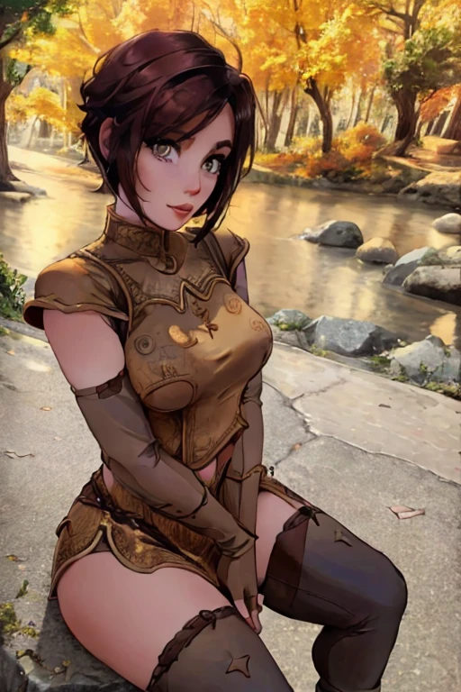 <lora:4mal3a:1> woman with the same face as 4mal3a,  <lora:skyrim-light-elven-unp:0.8> skyrim-light-elven-unp, arm wraps, fingerless gloves, thighhighs, scenery,  <lora:HAIRSTYLE pixie_hairstyle-05:0.8> pixie_hairstyle