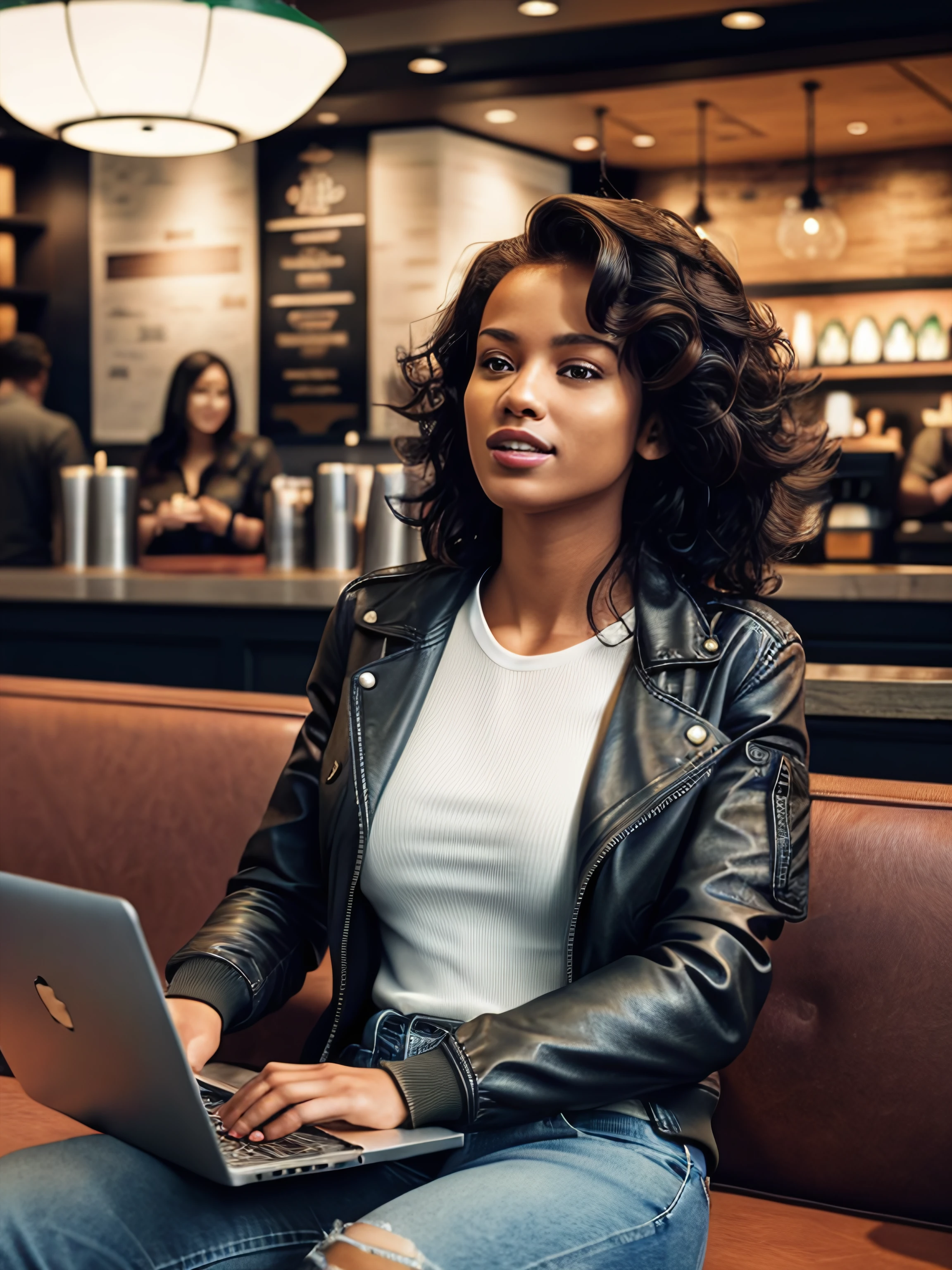 a friend sitting in a starbucks looking at her laptop. wearing jeans and a leather bomber jacket. big hair, ceiling fan