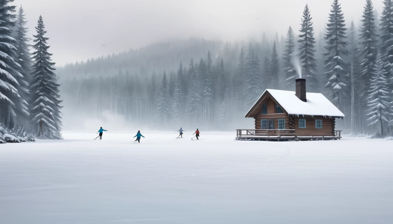 Frozen lake in the middle of a snow-covered forest, ice skaters gliding across the smooth surface, snow gently falling, and a small wooden cabin with smoke coming from the chimney.

