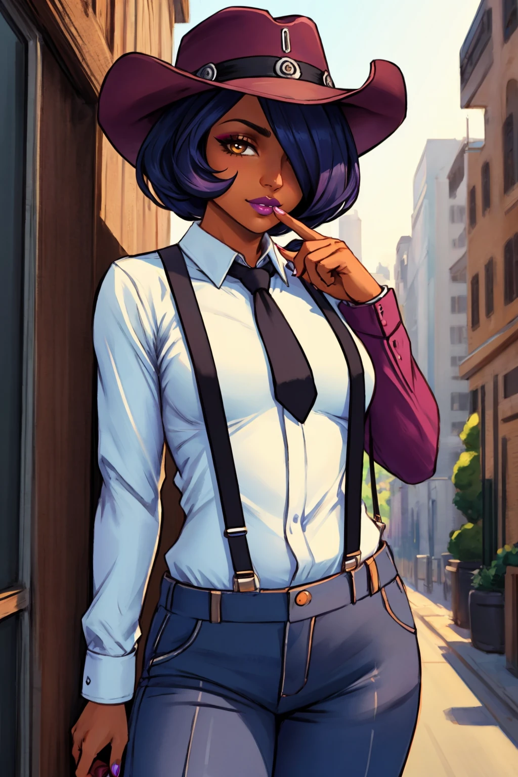 masterpiece, best quality, 1girl, solo, looking at viewer, <lora:nishabl2-guy-v3:.85>, nishabl2, lipstick, hair over one eye, makeup, dark skin, pants, long sleeves, suspenders, shirt, cowboy hat, necktie,