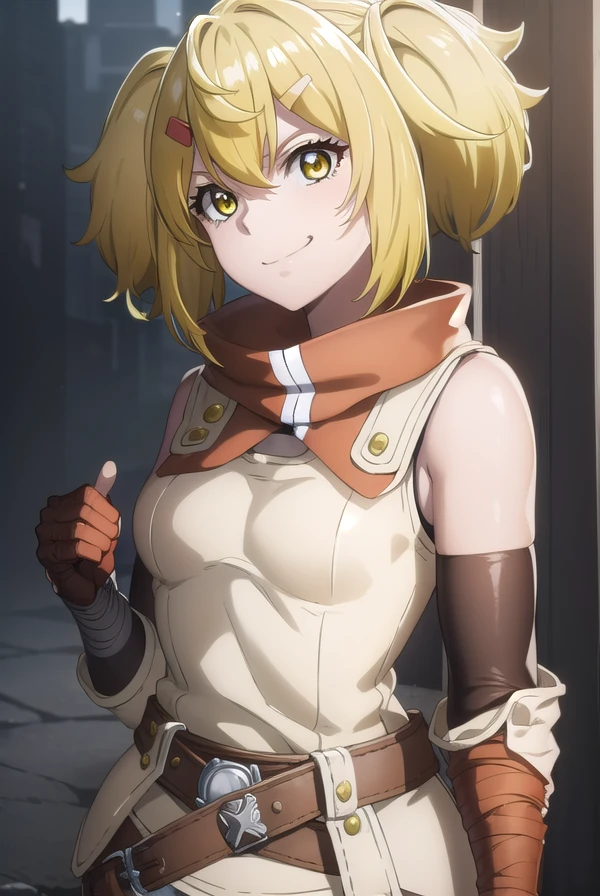 oikatzo, <lora:oikatzo s1-lora-nochekaiser:1>,
oikatzo, blonde hair, hair ornament, twintails, (yellow eyes:1.3), hairclip, short twintails, smile, grin,
BREAK gloves, belt, fingerless gloves, red gloves,
BREAK outdoors, forest,
BREAK looking at viewer, (cowboy shot:1.5),
BREAK <lyco:GoodHands-beta2:1>, (masterpiece:1.2), best quality, high resolution, unity 8k wallpaper, (illustration:0.8), (beautiful detailed eyes:1.6), extremely detailed face, perfect lighting, extremely detailed CG, (perfect hands, perfect anatomy),