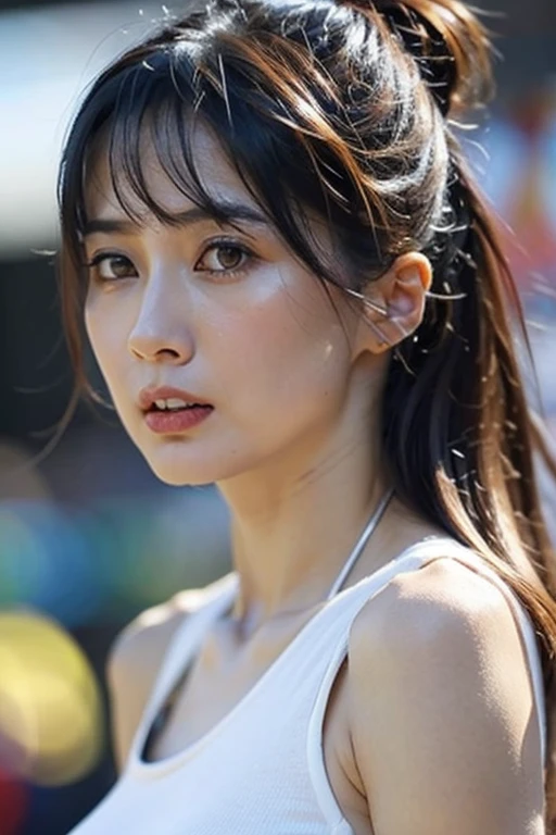 Best quality,masterpiece,ultra high res,(photorealistic:1.2),1girl,low key,slim body,undone hair,dynamic pose,face closeup,medium breasts,brown hair,<lora:joyce_peng:0.9>,
