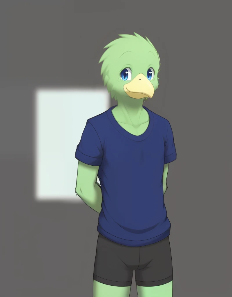 (((detailed eyes, detailed face))), (furry, yuuki <lora:character_yuuki_findigo_v1:0.9>, green skin, green hair, spiked hair, bird boy, avian), male, (solo), (plump), (blue shirt, black boxer briefs, black male underwear), standing, (arms behind back), smile BREAK (konzaburou, ukan_muri, cute), (bedroom), (flat shading, flat color, high brightness), 8k, UHD, masterpiece, (full body)