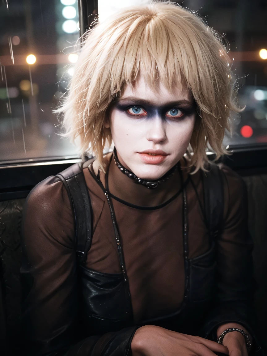 pr1s,blonde hair,eye make-up,sitting on a train,cyberpunk setting,sci-fi,night,raining,cloudy,volumetric fog, (masterpiece:1.0), (best quality:1.0), (intricate details), flash photography
