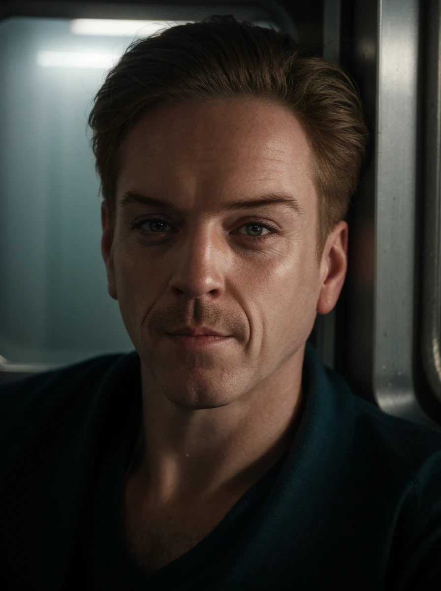 raw photo of dam1an,sitting in a train,wearing a t-shirt,cyberpunk setting,(close-up),cloudy,volumetric fog,city street,(masterpiece:1.0), (best quality:1.0), (intricate details), flash photography