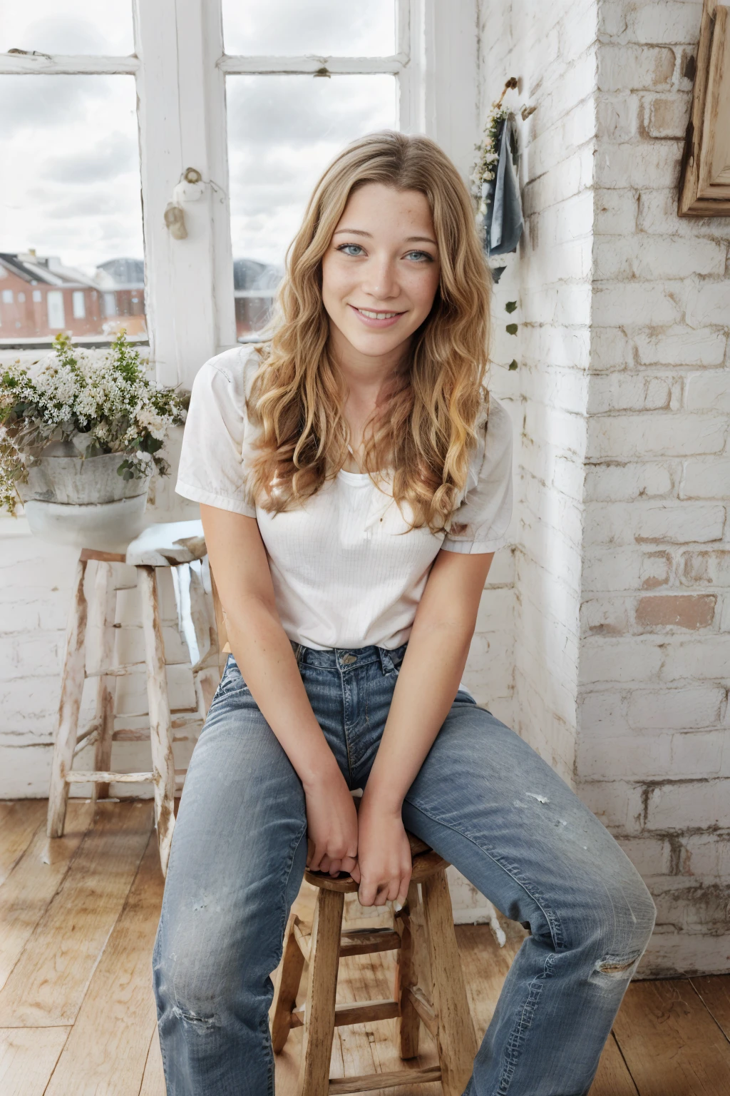 full shot, masterpiece, best quality, ultra high res, (photorealistic:1.4), photoshoot, <lora:opt-sarahroemer2010s:1> (freckles):1, opt-sarahroemer2010s, (freckles):1, plain portrait background, grinning, standing beside a stool, wearing blue jeans, white blouse, sneakers, sitting on a stool, looking left, unfinished wood floor
