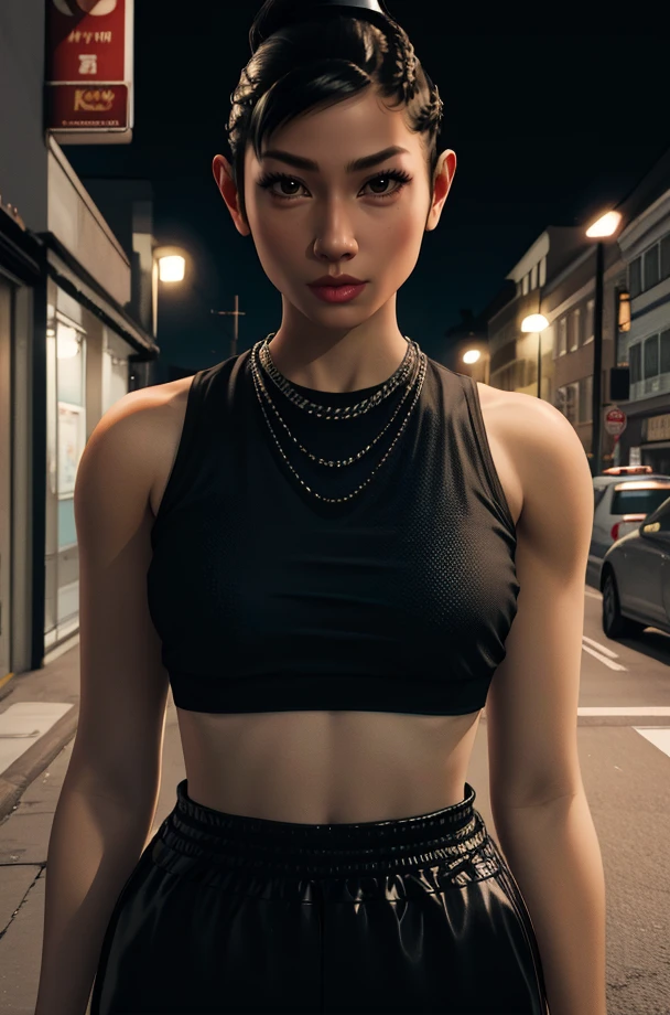 Chitose,black hair,brown eyes,short hair,ponytail,braids, short sleeves, 
black crop top,navel,black pants,necklace,street,night,alley,
(insanely detailed,masterpiece, best quality),highres,solo,<lora:ChitoseFujinomiya:0.8>,