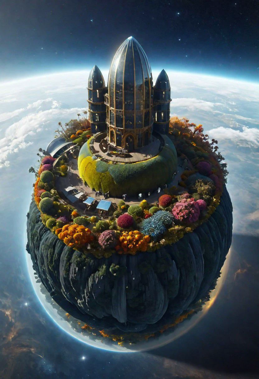 archiaerialview of a huge wooden tower on a colorful autumn flower meadown on a small floating dreamy  planet floating in deep Blue space, the Planet is a Ethereal eternal garden, Moss, plants and leafs, fluffy, low-key, cinematic, deep blacks, OverallDetail,(Fantasy:1.2), Mad architecturial wooden Lighthouse with skyhigh crazy Geometry, dynamic lighting,