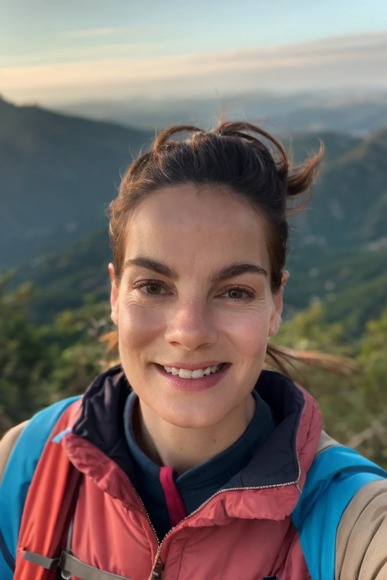 1girl, solo, selfie shot of a hiker at a mountain, smile, teeth, scenic view, blurry_background, bokeh, chromatic_aberration, depth_of_field, female focus, photorealistic, soft colors, masterpiece, high quality, (high detailed skin:1.1)
 <lora:michelle_monaghan_lora_v02:1> mich76
