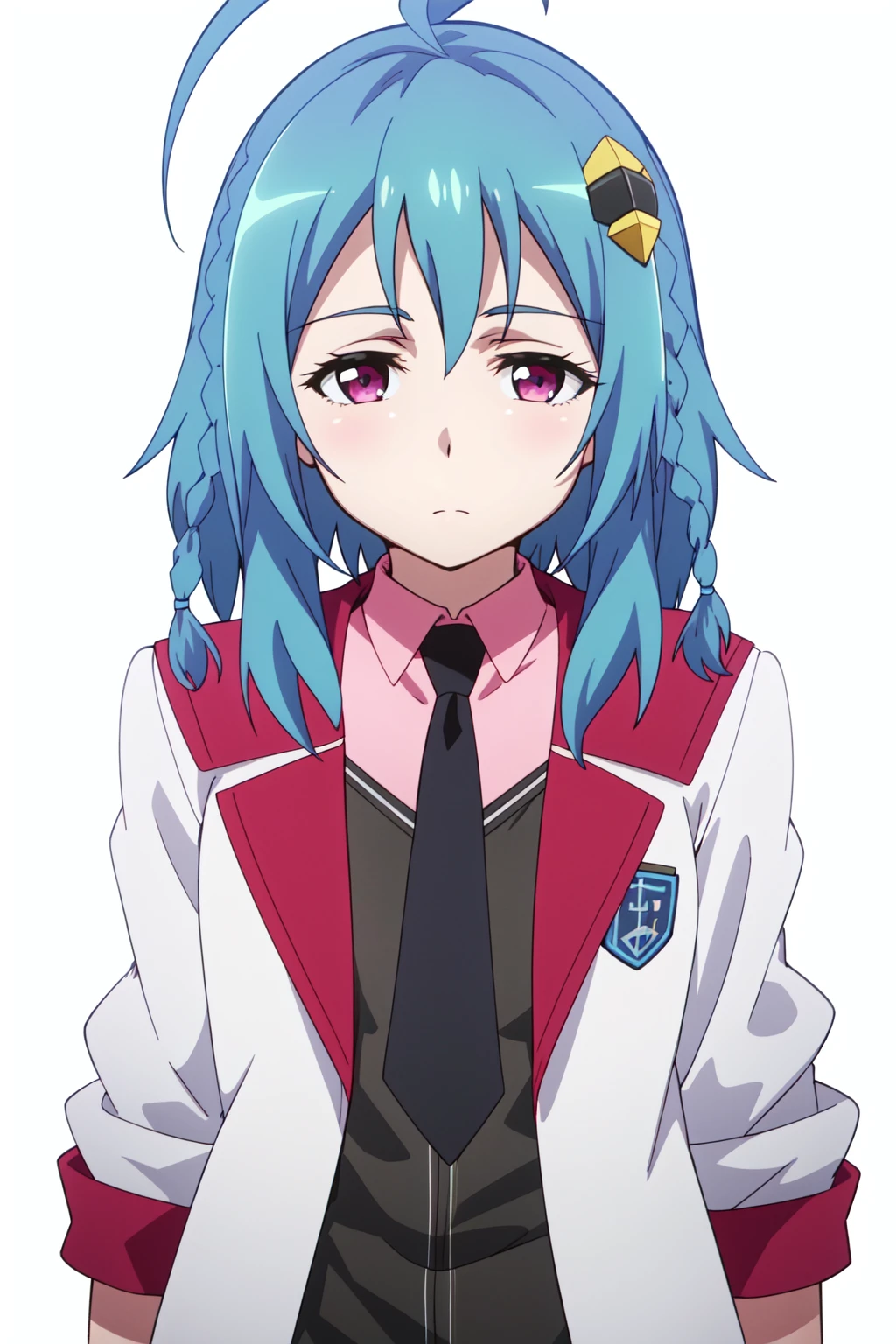 <lora:anime_screencap_v2:0.3>
portrait, solo focus, solo, close-up, (white background, plain background, simple background:1.3), looking at viewer
<lora:asterisk_saya-03:0.8> asterisk_saya, 1girl, solo, necktie, thighhighs, ahoge, blue hair, hair ornament, purple eyes, looking at viewer, outdoors, braid, expressionless, dress, jacket, black necktie