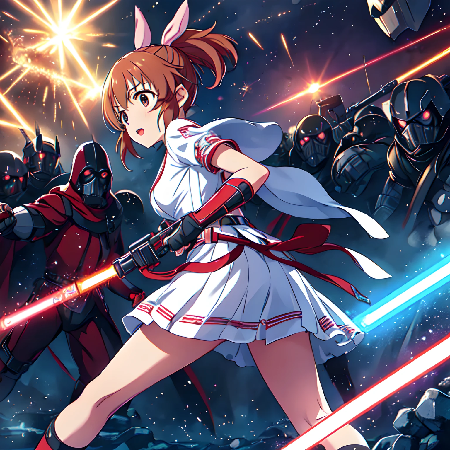 1girl,super fine illustration,masterpiece,best quality,light saber,looming enemy,a group of enemies,looking_back,during a battle,<lora:abe_v2:0.8>,abe nana,