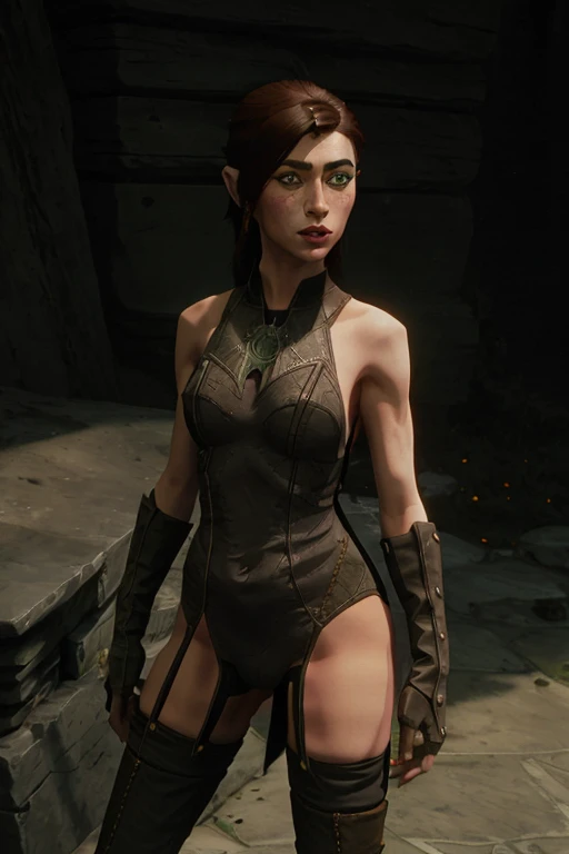 woman posing with a sword, <lora:4mal3a:1> woman with the same face as 4mal3a, green eyes,(freckles:1.2), long iridescent hair,long pointy ears, pointy ears, <lora:Skyrim-DX-Celes-Nightingale-Outfit v2:0.7> skyrim-dx-celes-nightingale-outfit,fingerless gloves, bare shoulders, thighhighs, thigh boots, sword, sheath ,  <lora:Add More Details - Detail Enhancer - Tweaker:0.5>, <lora:Style_Arcane_LoL:0.8> arcane style