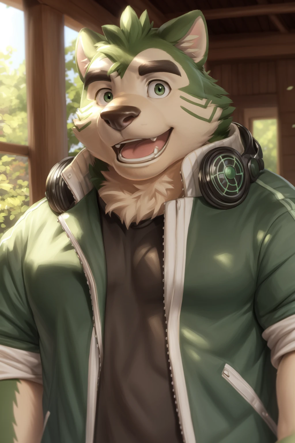 <lora:mokdai-09:1>, mokdai, green eyes, smile, tail, (posing:1.3), (soft shading), 4k, hi res, ((detailed face, detailed)), by zackarry911, by zaush, (by personalami:0.5), looking at viewer, open mouth, shirt, 1boy, jacket, upper body, male focus, headphones, fangs, headphones around neck, animal nose, yellow fur