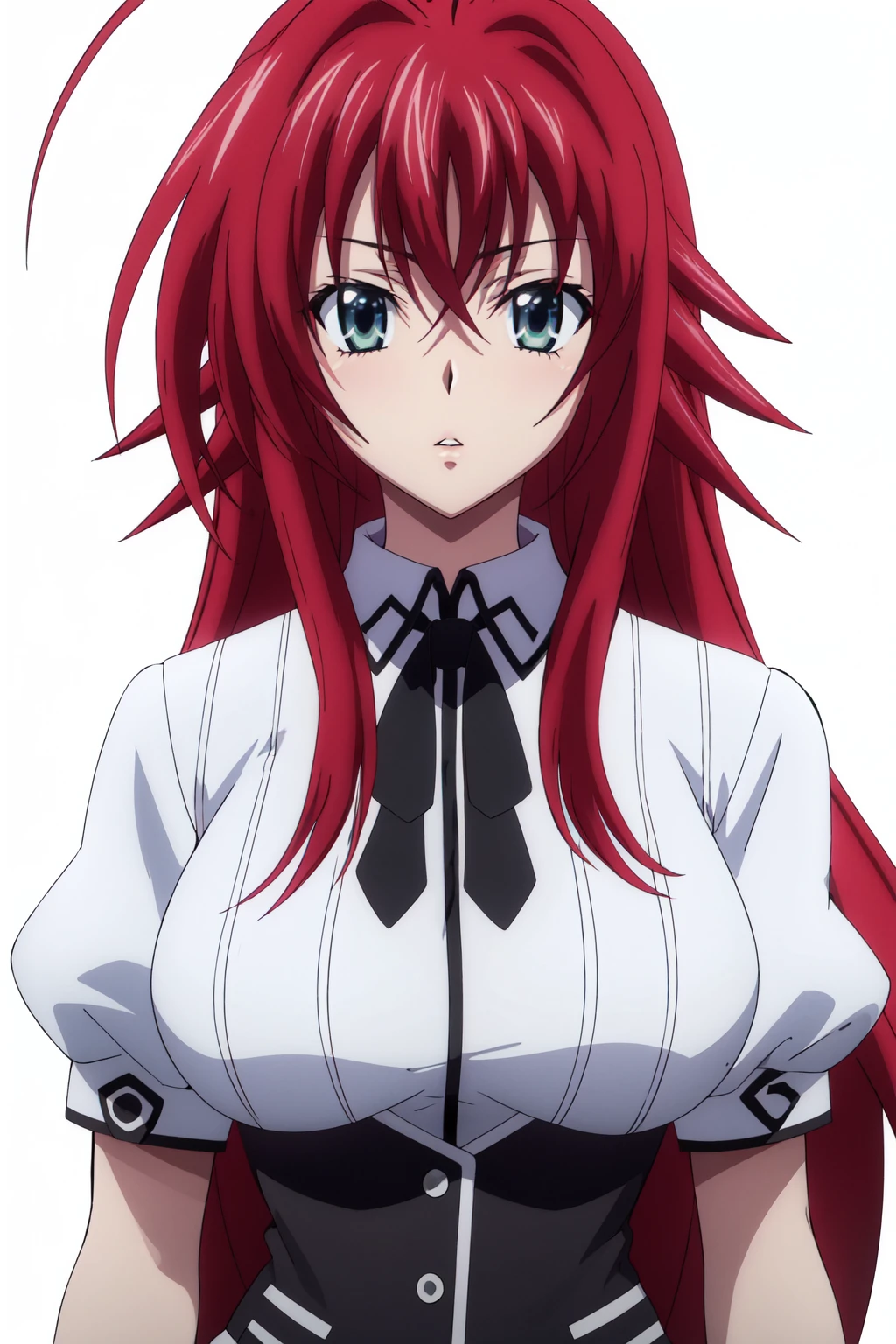 <lora:anime_screencap_v2:0.3>
portrait, solo focus, solo, close-up, (white background, plain background, simple background:1.3), looking at viewer, (parted lips:1.2), (sunlight, bright, sunshine
:1.2)
<lora:eft_dxd_rias:0.8> eft_dxd_rias, 1girl, rias gremory, long hair, solo, ahoge, red hair, school uniform, skirt, breasts, hair between eyes, very long hair, large breasts, short sleeves, pleated skirt, green eyes, red skirt, standing, shirt, puffy sleeves, white shirt, puffy short sleeves, bow, closed mouth, bangs, black ribbon, blue eyes, huge ahoge, sidelocks, ribbon, neck ribbon