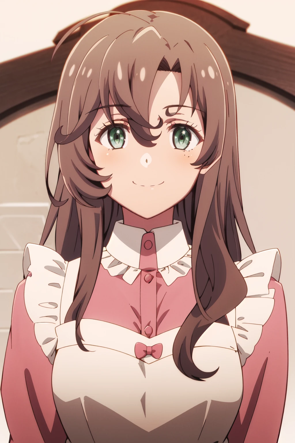 mature male, tall male, tall, long legs, adult, lean muscle, <lora:anime_screencap_v2:0.3>
portrait, solo focus, solo, close-up, (white background, plain background, simple background:1.3),
<lora:maou_mom-03:0.8> maou_misa_mom, 1girl, solo, green eyes, long hair, brown hair, smile, apron, upper body, ahoge, mole, bangs, mole under eye, frills, shirt, closed mouth, blurry, pink shirt, blurry background, indoors, hair between eyes, white apron, anime coloring, frilled apron, bow, dress