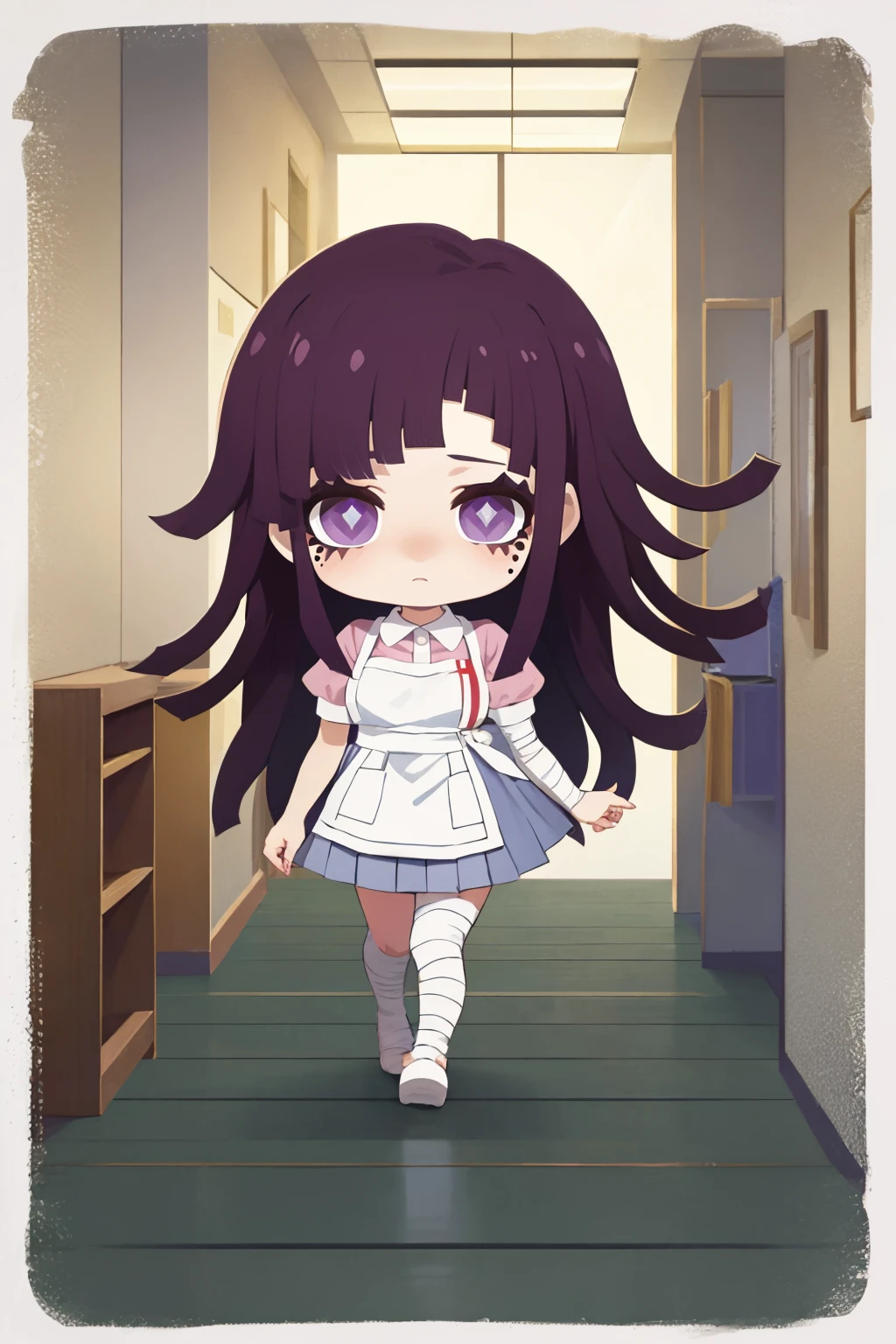 (masterpiece, best quality:1.2), border, chibi, solo, 1girl, tsumiki mikan, expressionless, looking at viewer, mole under eye, purple hair, pink shirt, puffy short sleeves, white apron, blue skirt, bandaged leg, bandaged arm, indoors, hallway <lora:style_onmyoji-20:1> <lora:danganronpa2_tsumiki:0.9>