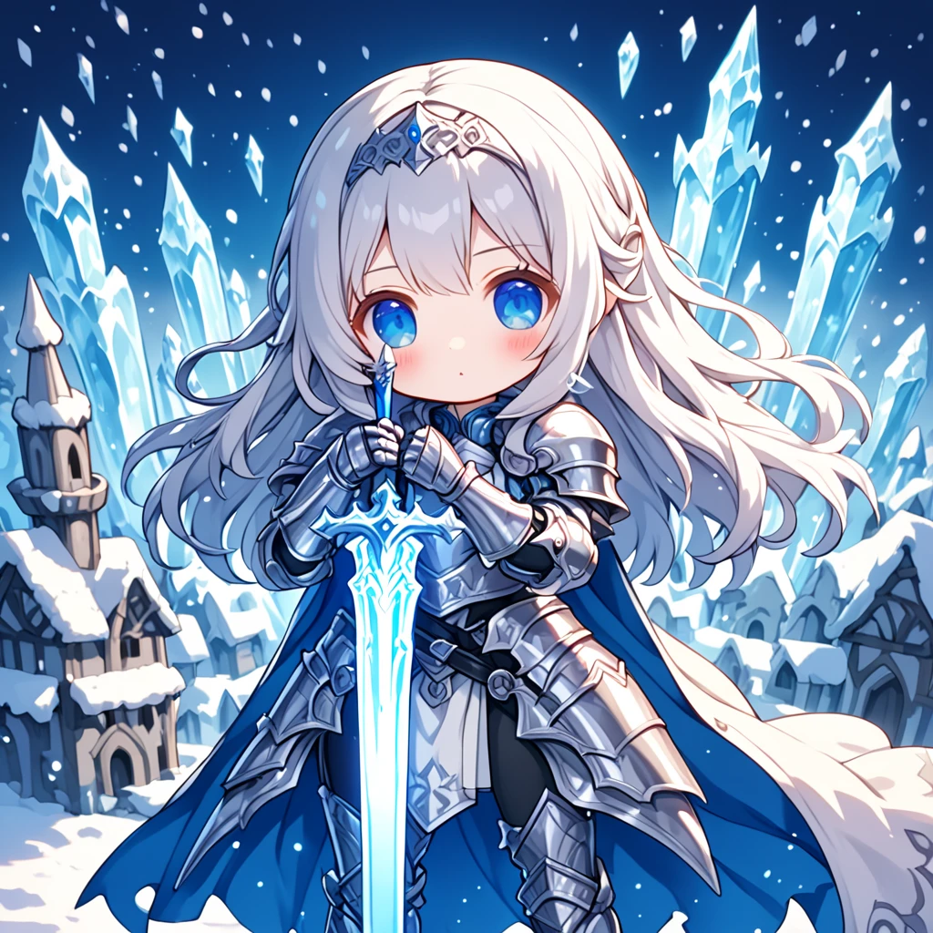 a super cute and very sad female chibi knight, crying, wearing silver armor, wielding blue glowing sword, fantasy ice village in background, HD, masterpiece, best quality, hyper detailed, ultra detailed, super realistic