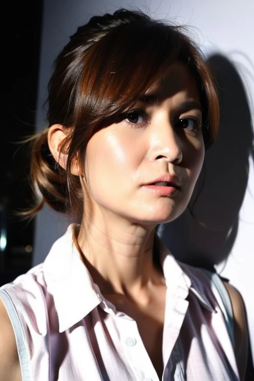 Best quality,masterpiece,ultra high res,(photorealistic:1.2),1girl,in the dark,deep shadow,low key,slim body,taipei street alley,dynamic pose,face closeup,brown hair,<lora:patty_wu:0.9>,small breasts,(cleavage:0.3),White collared short-sleeved shirt,
