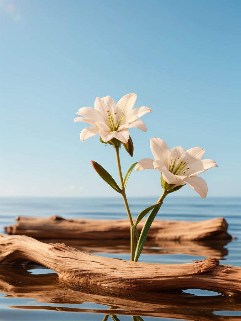 (Best quality,masterpiece:1.2), <lora:DSchangjing-000015:0.5>, RAW photo, dslr, film grain, Fujifilm XT3, Screen Space Refraction,
Photography\(environment\), realistic,lily \(flower\),
outdoors,driftwood, water, day, ocean, flower, white flower, sky, blue sky,
still life, horizon, scenery, blurry background, blurry, depth of field, no humans,
