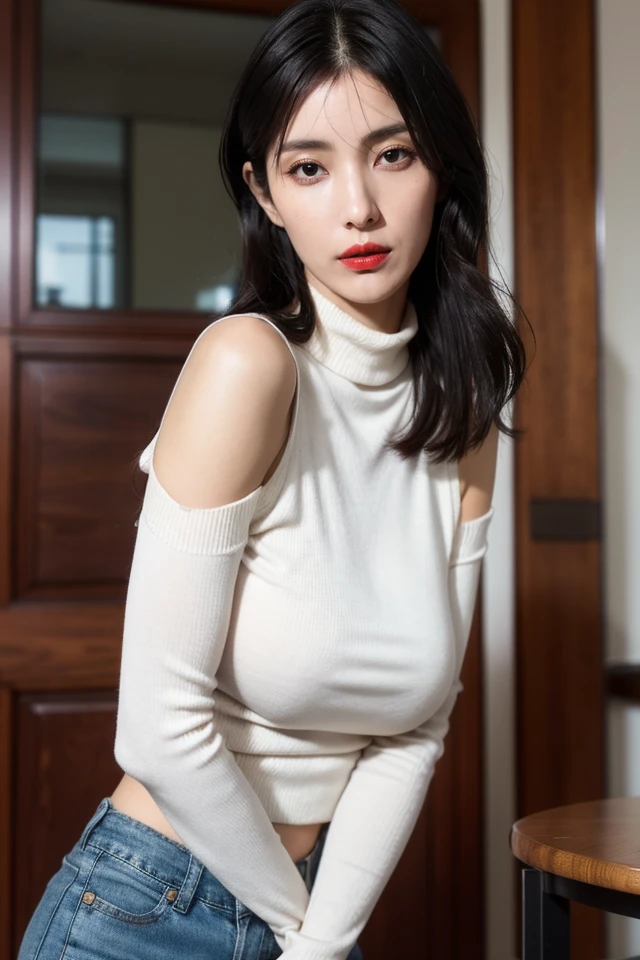 1girl,red_lips,black turtleneck_sweater,denim_shorts,best quality,masterpiece,illustration,an extremely delicate and beautiful,CG,unity,8k wallpaper,Amazing,finely detail,masterpiece,official art,extremely detailed CG unity 8k wallpaper,incredibly absurdres,huge filesize,ultra-detailed,highres,extremely detailed,beautiful detailed girl,realistic,<lora:Watanabe Bambi:0.8>,