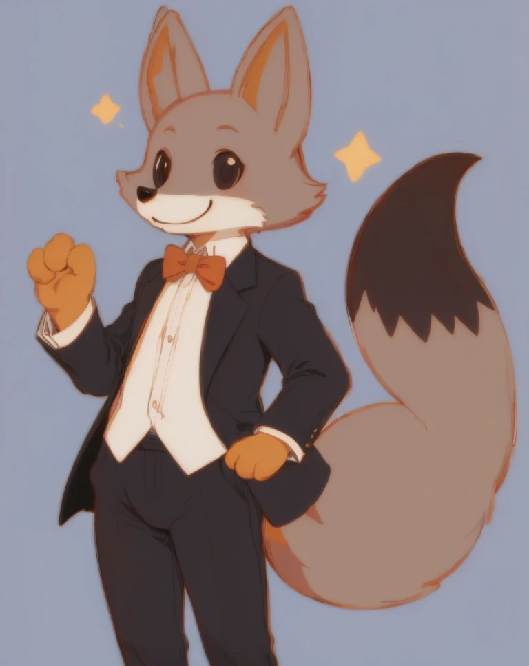 , smile ,non-human, ,flat colors ,tuxedo, 1 fox , ffx tail <lora:facefox-000004:0.8> ,