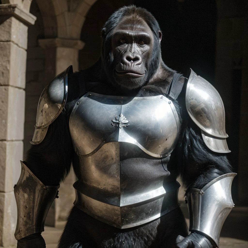 cinematic photo In a medieval fantasy world,a gorilla adorned in armor makes an appearance. He wears a massive suit of armor,and his powerful posture is overwhelming. He resembles a medieval adventurer,as if he belongs in a fantasy realm.,