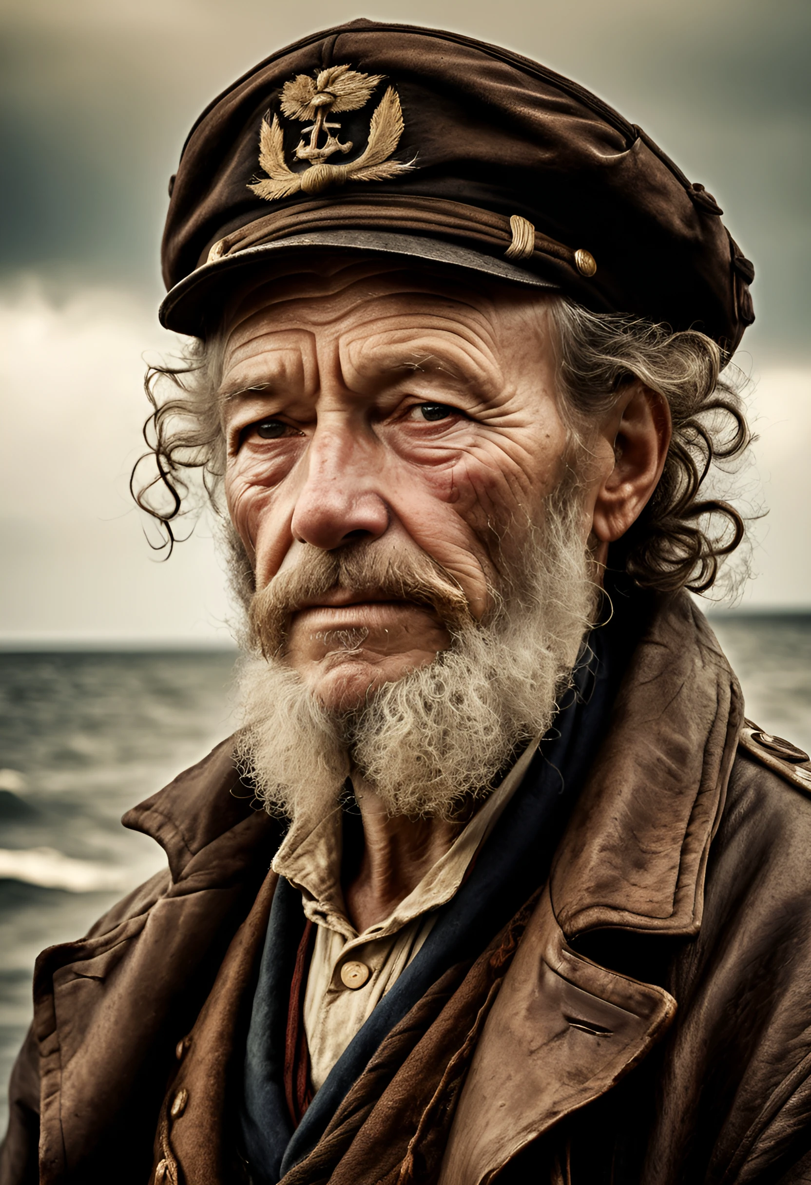photorealistic, visionary portrait of a dignified world-weary sea captain with weather-worn features, digitally enhanced, high contrast, chiaroscuro lighting technique, intimate, close-up, detailed, steady gaze, rendered in sepia tones, evoking rembrandt, timeless, expressive, highly detailed, sharp focus, high resolution