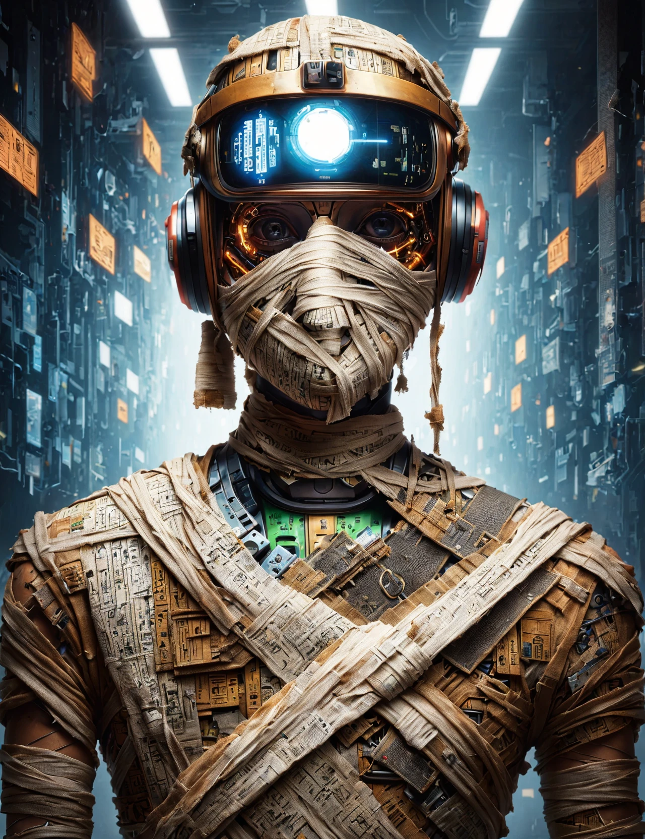 masterpiece, awesome quality, hyper detailed, DonMM00mm13s bandages, wrapped, disk read error occurred,cybernetic , <lora:DonMM00mm13s-000006:0.9>