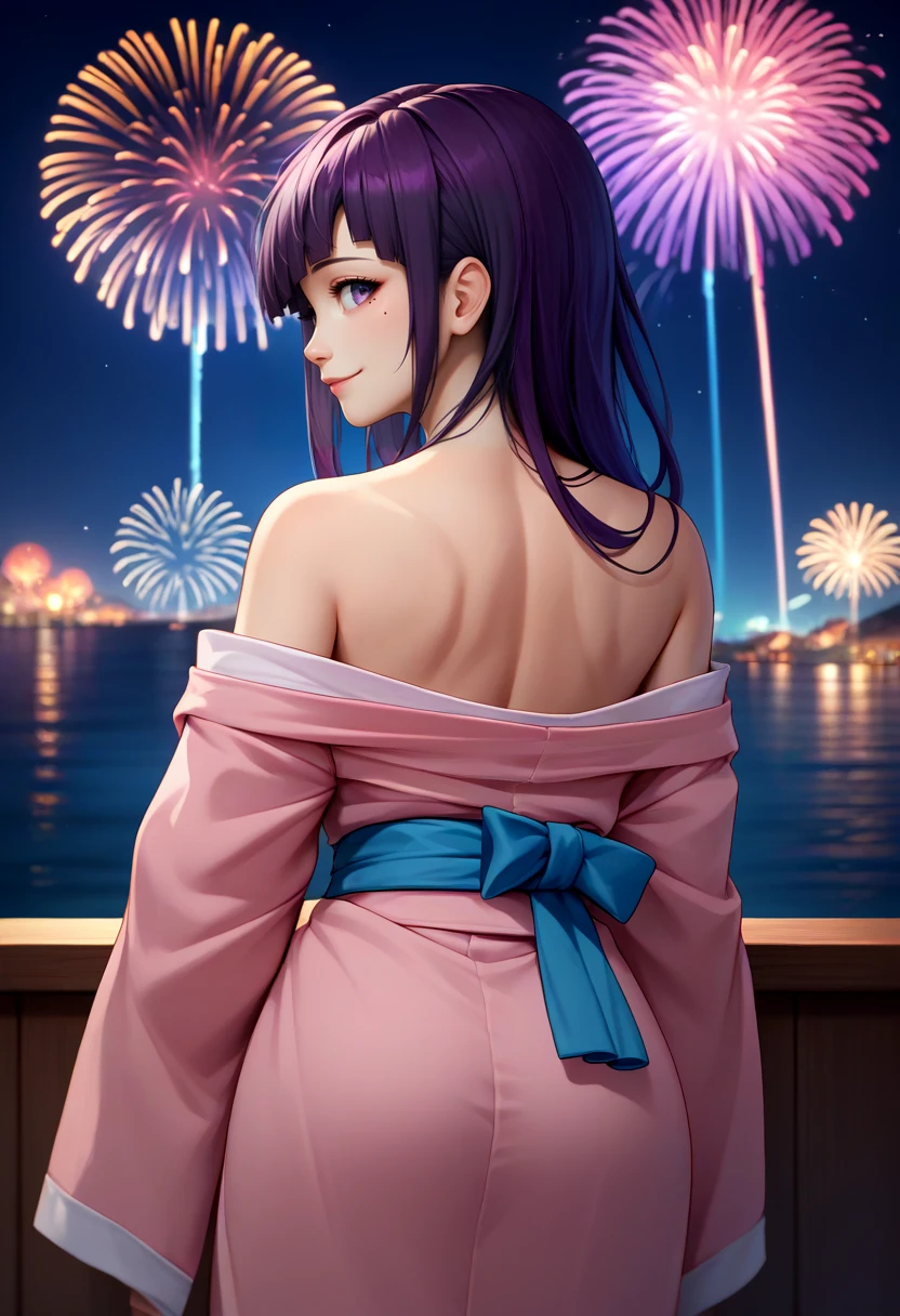 score_9, score_8_up, score_7_up, source_anime, from behind, solo, 1girl, tsumiki mikan, slight smile, looking back, mole under eye, purple hair, pink kimono, off shoulder, blue sash, bare shoulders, fireworks <lora:danganronpa2_tsumiki_ponyXL:1>