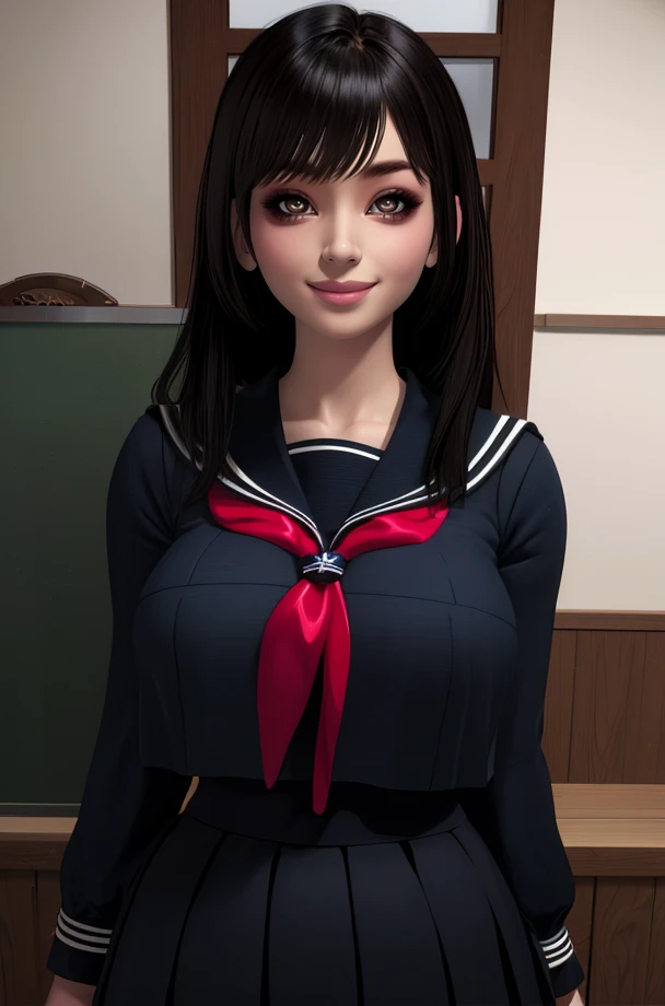 Itoha,brown eyes,black hair,long hair,bangs,
standing,upper body,
sailor collar,black skirt,black school uniform,
home,indoors,smile,
(insanely detailed,masterpiece, best quality),solo,<lora:ItohaKamiizumi:0.8>,