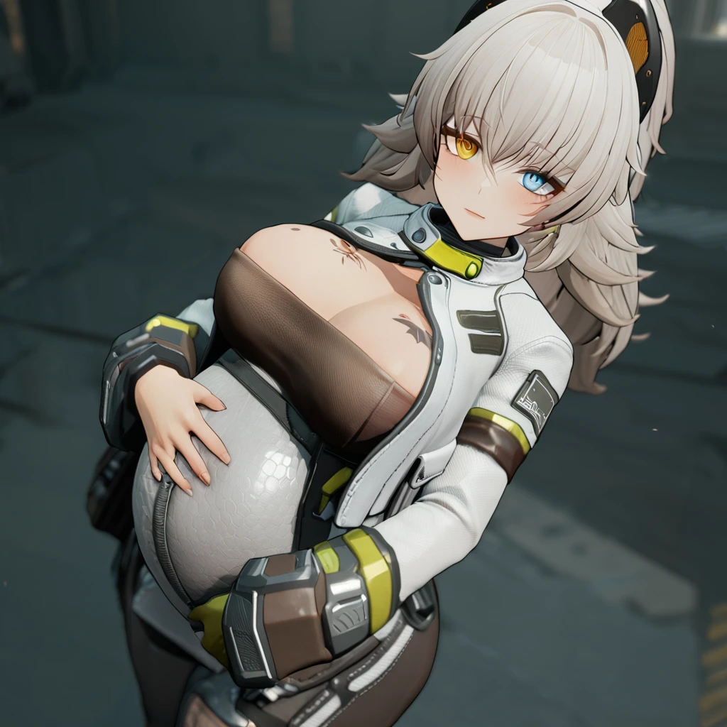 masterpiece, best quality, peritya \(girls' frontline\), heterochromia, hand on stomach, from above, chest tattoo, 3d style, large breasts, pregnant, <lora:z_girls' frontline_peritya_xl:0.8>