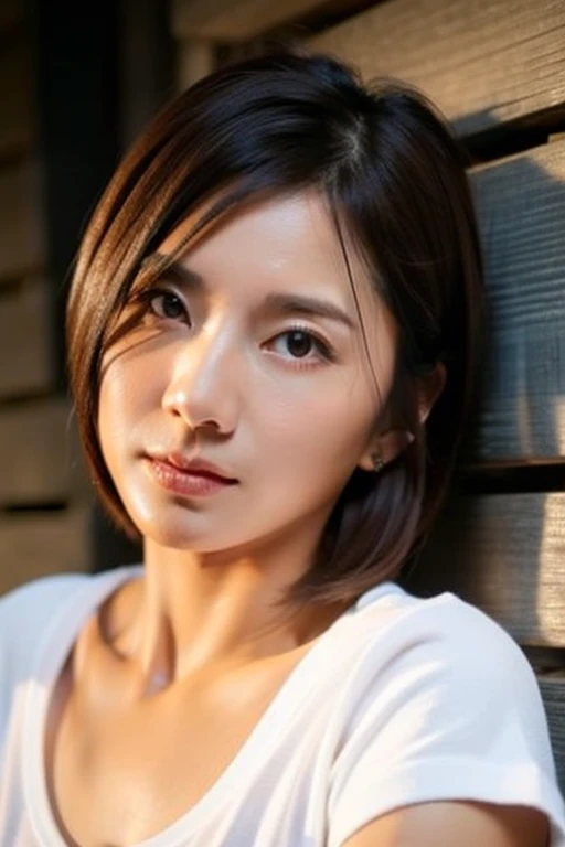 Best quality,masterpiece,ultra high res,(photorealistic:1.2),1girl,in the dark,deep shadow,low key,slim body,taipei street alley,dynamic pose,face closeup,cleavage,brown hair,Tight short-sleeved white T-shirt,small breasts,hair_flaps,<lora:fafa_tsai:0.9>,