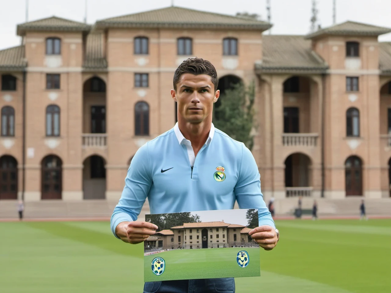 building, hold a postcard,Cristiano Ronaldo, focused, depth of field, close up, front of building, <lora:sysuv9:0.7>