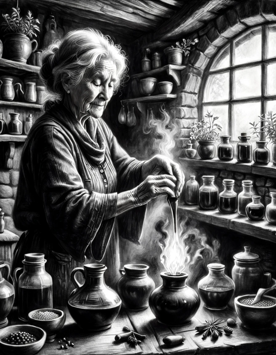 ((black and white charcoal drawing)), Elderly woman making herbal potions in a herbal cottage , <lora:Charcoal2.0:0.75>, black and white, breathtaking charcoal illustration, highly detailed, 4k, (textured paper), charcoal texture