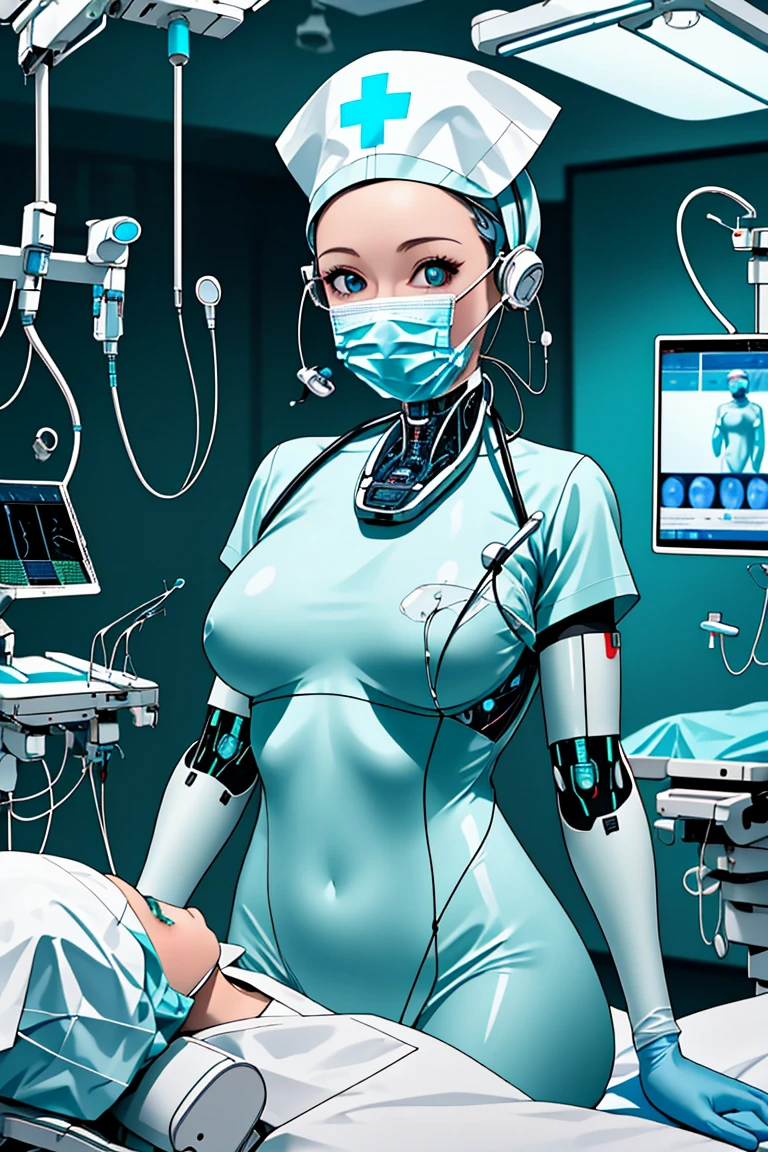 (RAW photo, best quality), 1girl, operating room, overhead surgical light, dslr, blurred background, focused,
 <lora:cyber_surgNurse_v1.0-000006:0.9> cybr_surgnurse, 1girl, solo, bodysuit, nurse cap, latex gloves, science fiction,cybernetic, surgical mask,earpods,