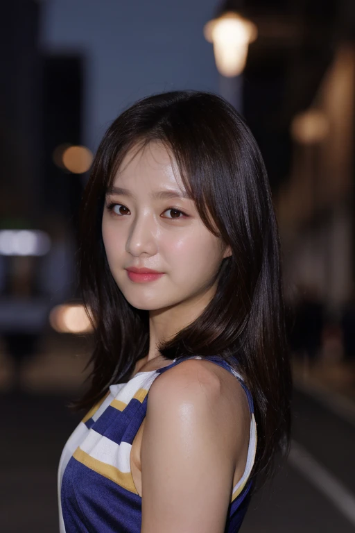 masterpiece, best quality, ultra-detailed, ultra high res, (photorealistic:1.4), raw photo, (realistic:0.2), CG, 8k HDR, cinematic lighting, 1girl, solo, walking, looking at viewer, (simple dress, sleeveless), outdoor, (colorful), night, city street, upper body, lower body, asymmetrical hair, (detailed oily skin, medium breasts:0.8), (detailed face), (detailed background :1.1), closed mouth,