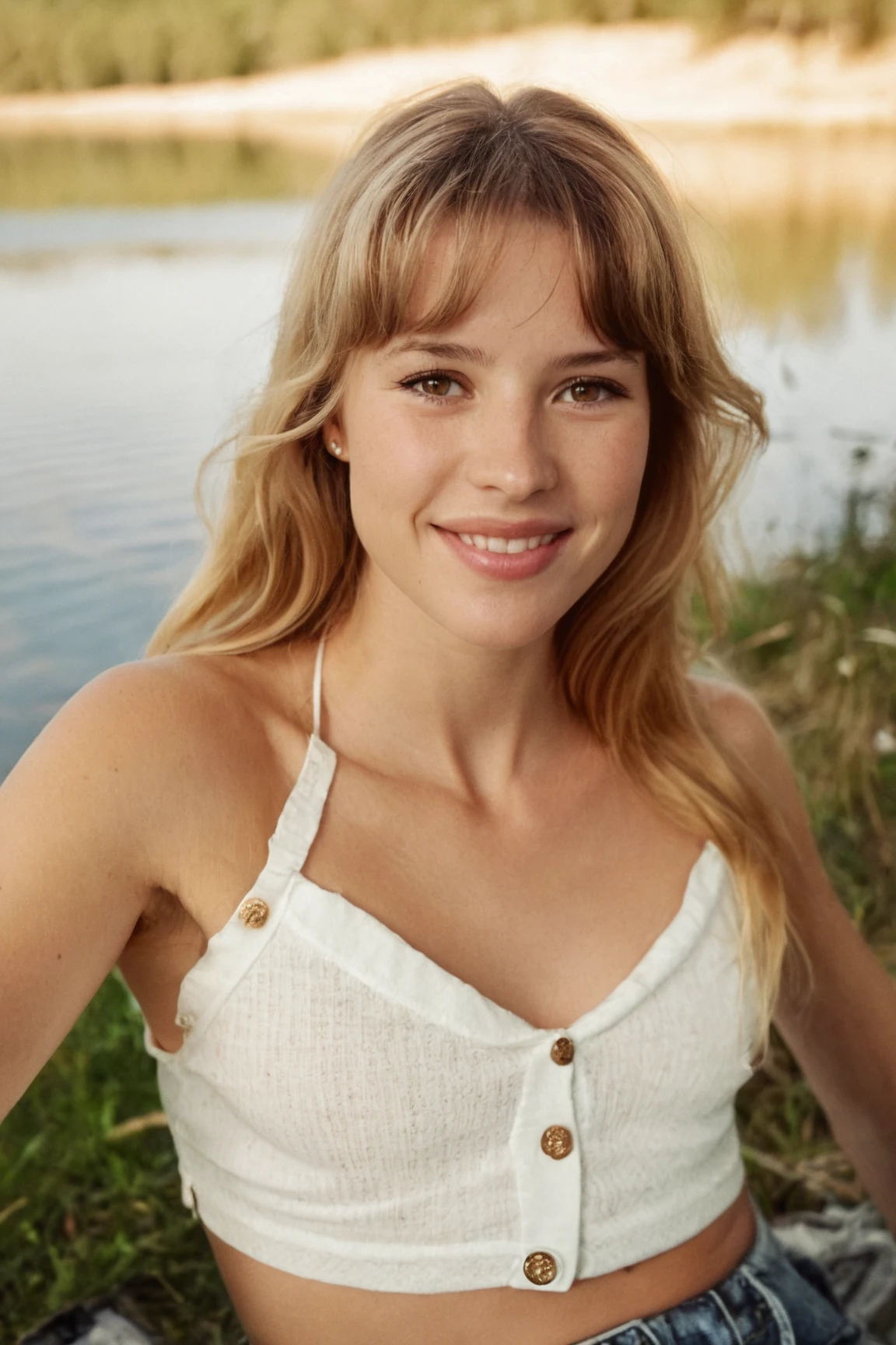 full body view, sitting in the middle of the nature, Leica Hasselblad portrait, hyperdetailed Photography, (A beautiful portrait photograph of ohwxagl:1.1), perfect beautiful eyes, ohwxagl in the nature close to a lake, ohwxagl look at camera, Large view, ohwxagl wears a little crop top with cleavage, sunny day, moody atmosphere by David Hamilton, <lora:angele_SDXL_v2:0.9>, detailed eyes, long hairs, (large smile:1.4),( diffusion soft filter:1.1), (natural face without makeup:1), (freckles:0.6), ohwxagl is happy, arms raised for posing with a sexy look, ohwxagl is 25 y.o, <lora:SDXL1.0_Essenz-series-by-AI_Characters_Style_BetterPhotography-v1.2-'Skynet':0.5>