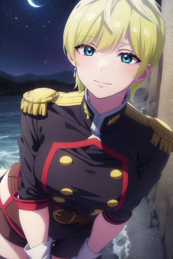 tenkaizumo, <lora:tenka izumo s1-lora-nochekaiser:1>,
tenka izumo, short hair, blue eyes, blonde hair, smile,
BREAK thighhighs, gloves, jewelry, earrings, boots, shorts, belt, uniform, military, military uniform, thigh boots, epaulettes,
BREAK outdoors, space, starry sky, star \(sky\), moon,
BREAK looking at viewer, (cowboy shot:1.5),
BREAK <lyco:GoodHands-beta2:1>, (masterpiece:1.2), best quality, high resolution, unity 8k wallpaper, (illustration:0.8), (beautiful detailed eyes:1.6), extremely detailed face, perfect lighting, extremely detailed CG, (perfect hands, perfect anatomy),